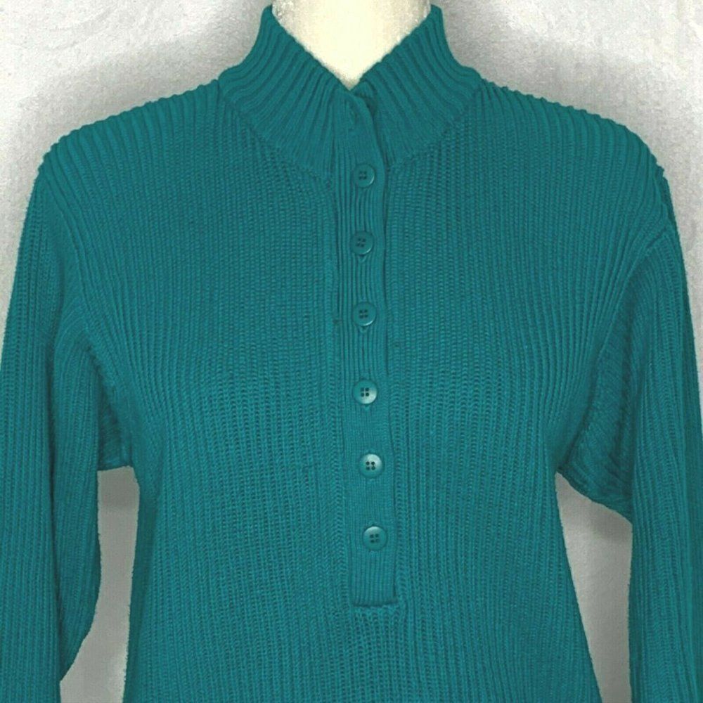 Vintage Le Moda Knit Henley Sweater S Teal Green